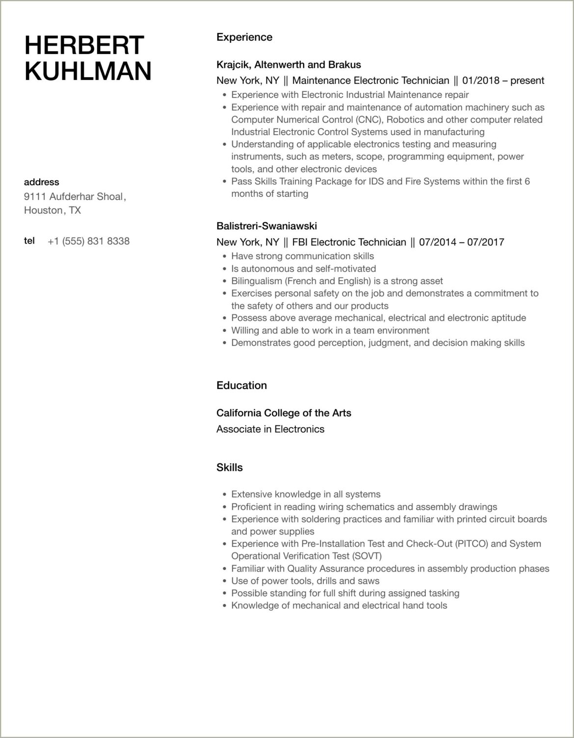 Listing Electronics Technician Skills In Resume