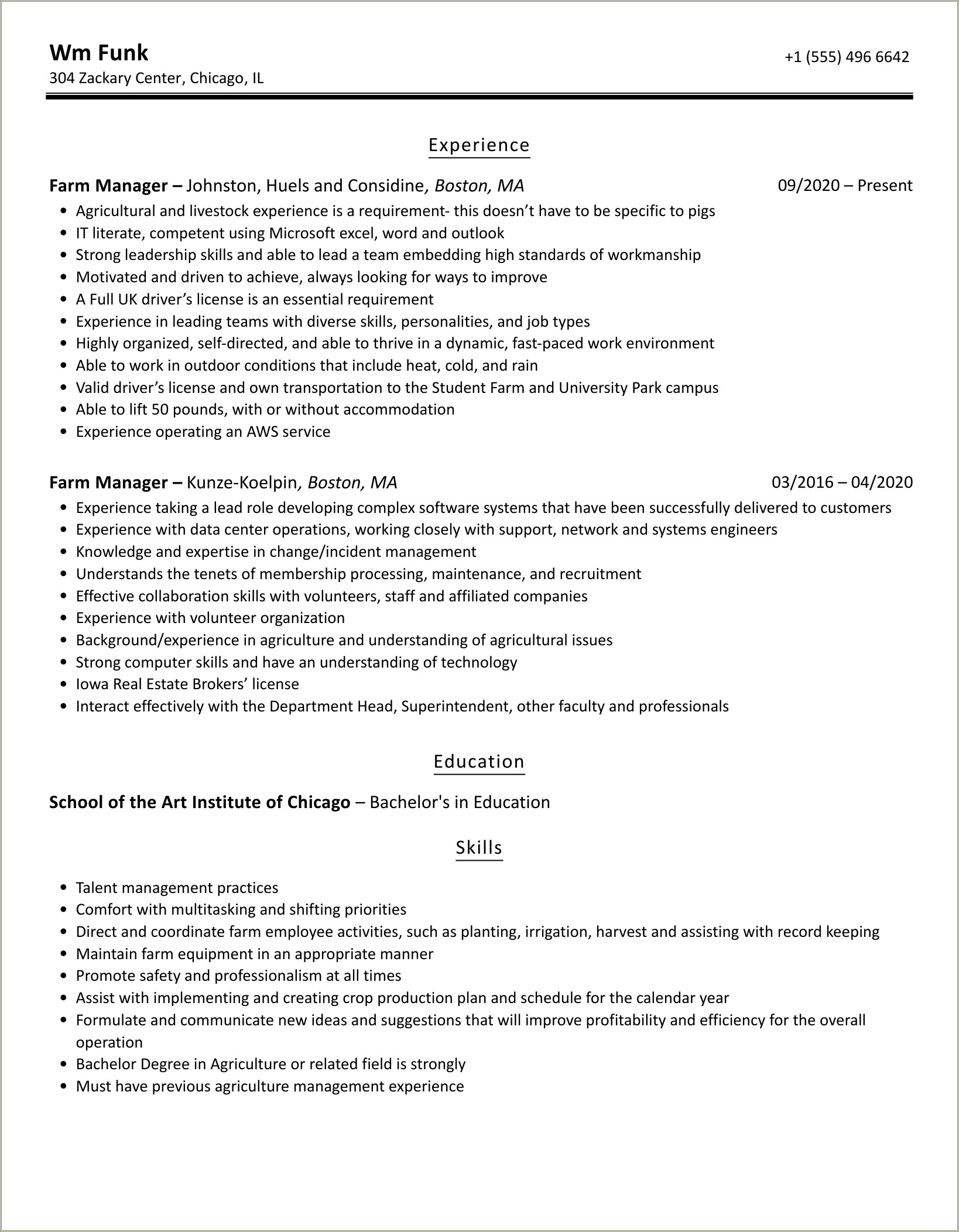 Livestock Manager Resume For A Grant