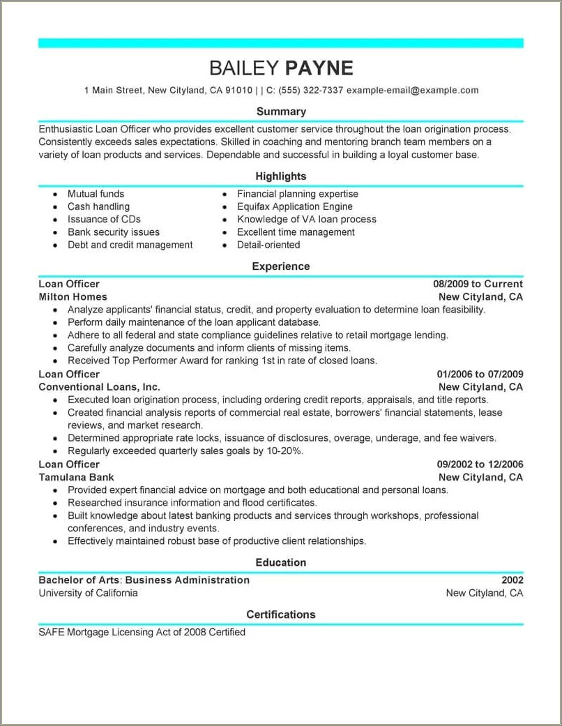 Loan Officer Resume For A 1 Year Experience