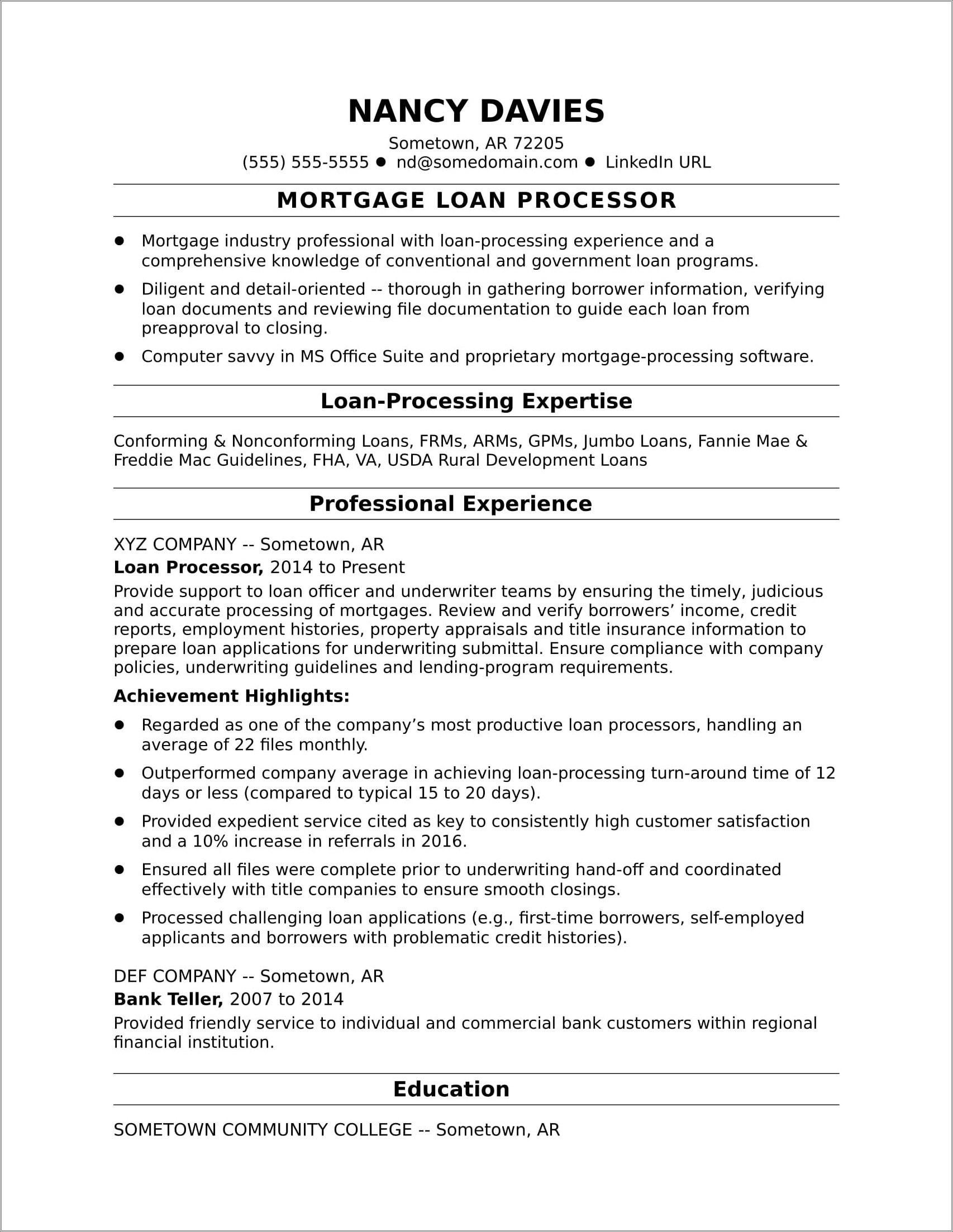 Loan Officer Resume For Lo 1 Year Experience