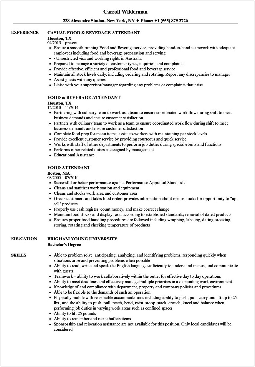 Lobby Attendant In Restaurant Job Description For Resume