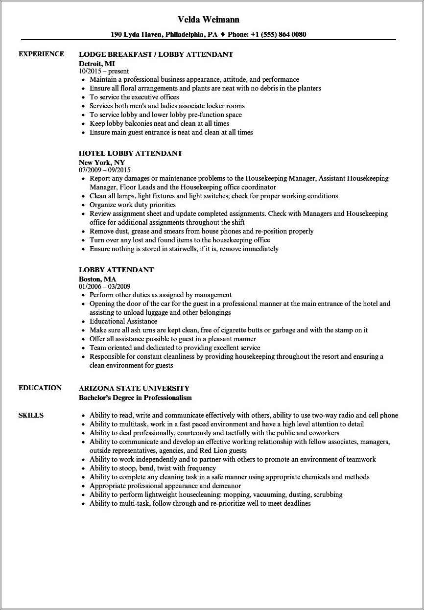 Lobby Attendant Job Description For Resume