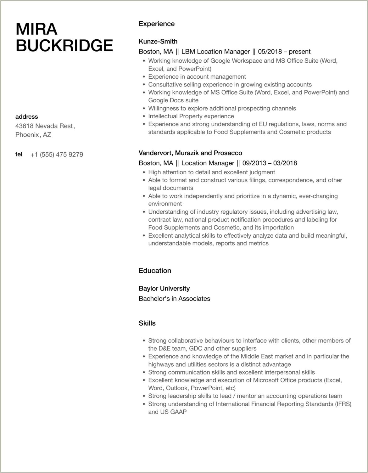 Location Manager Job Description For Resume