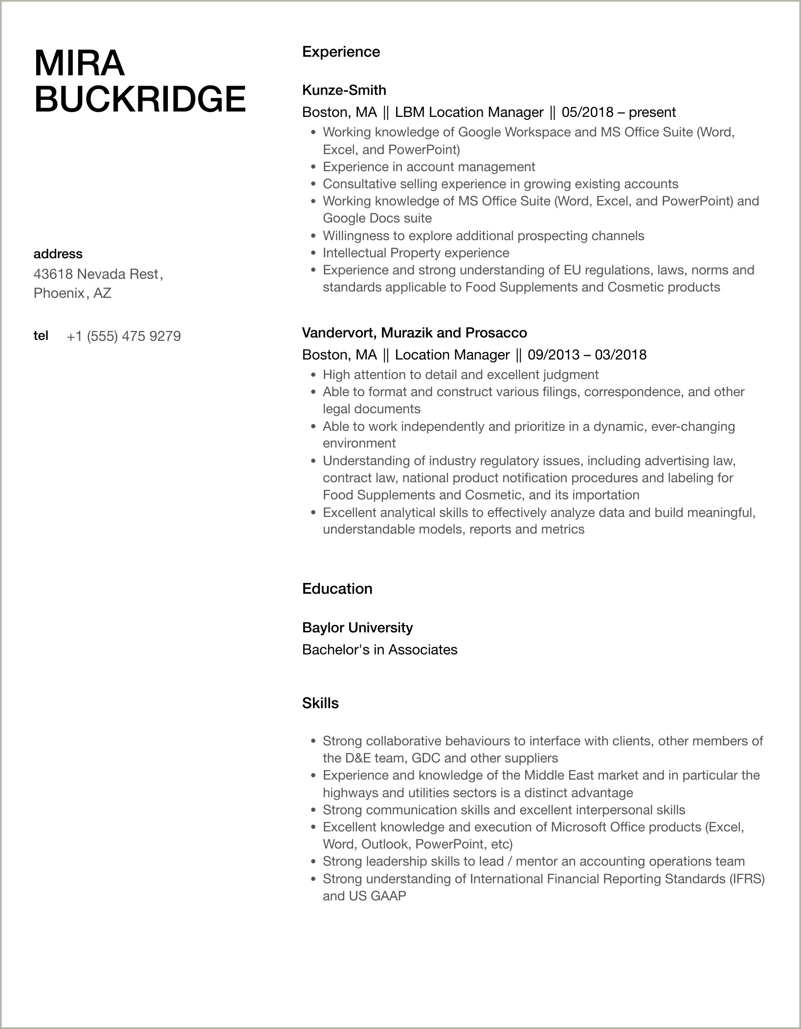 Location Manager Job Description For Resume