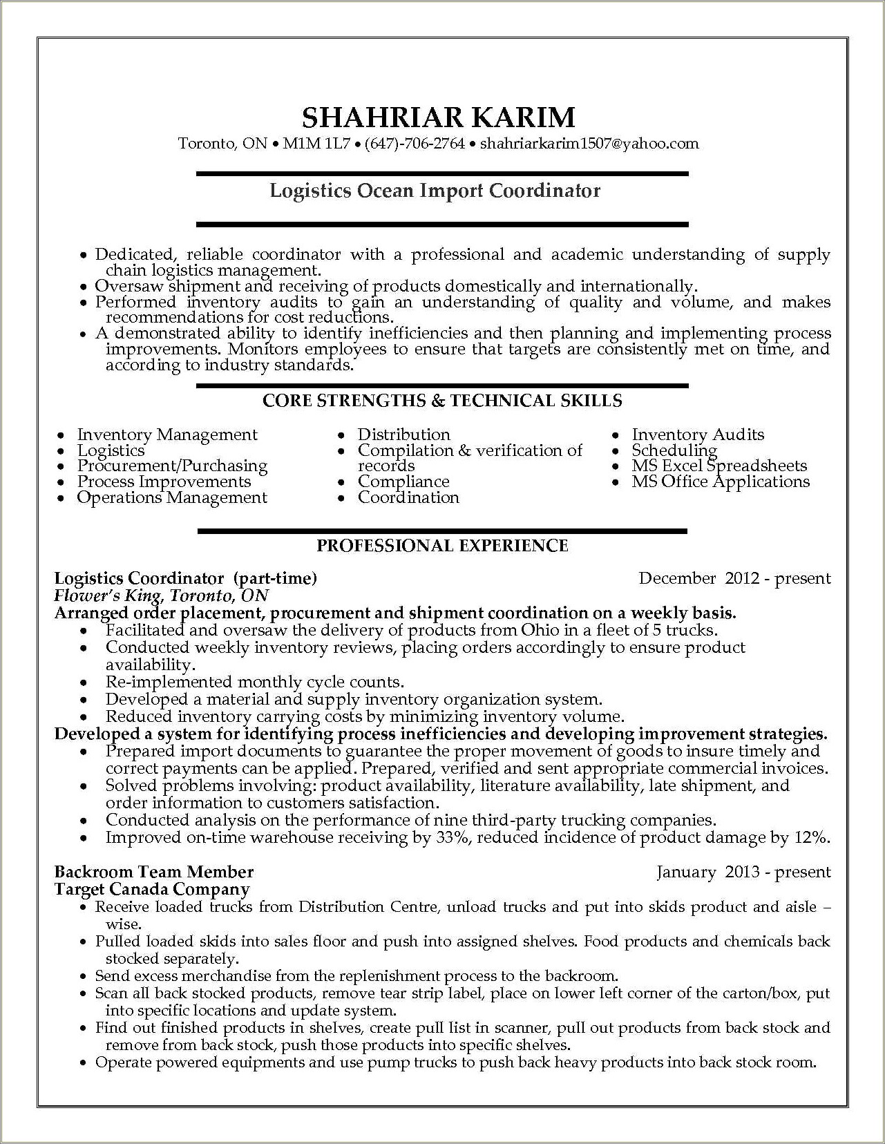 Logistice Coordinator Using Sap Resume Sample