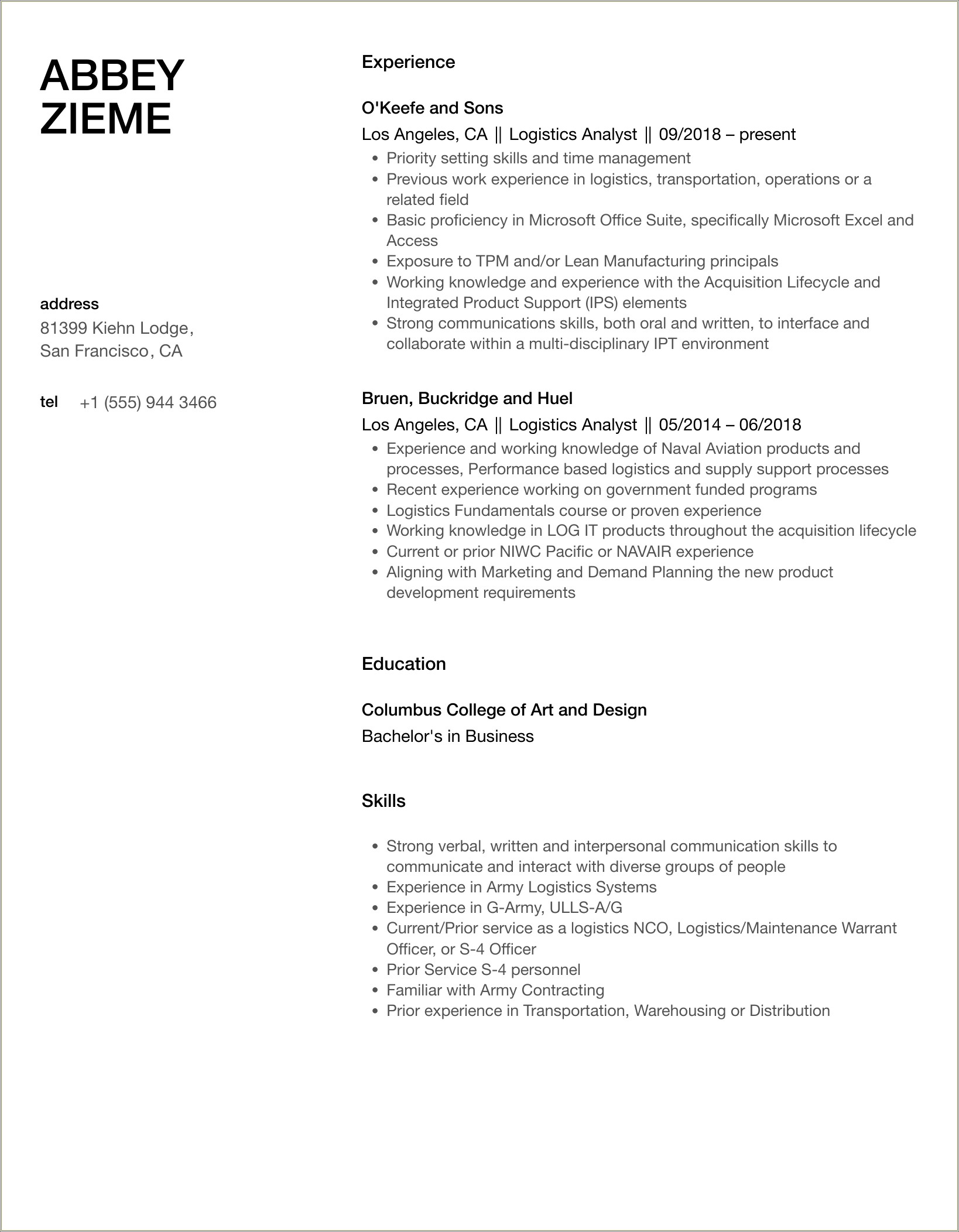 Logistics Analyst Job Summary For Resume