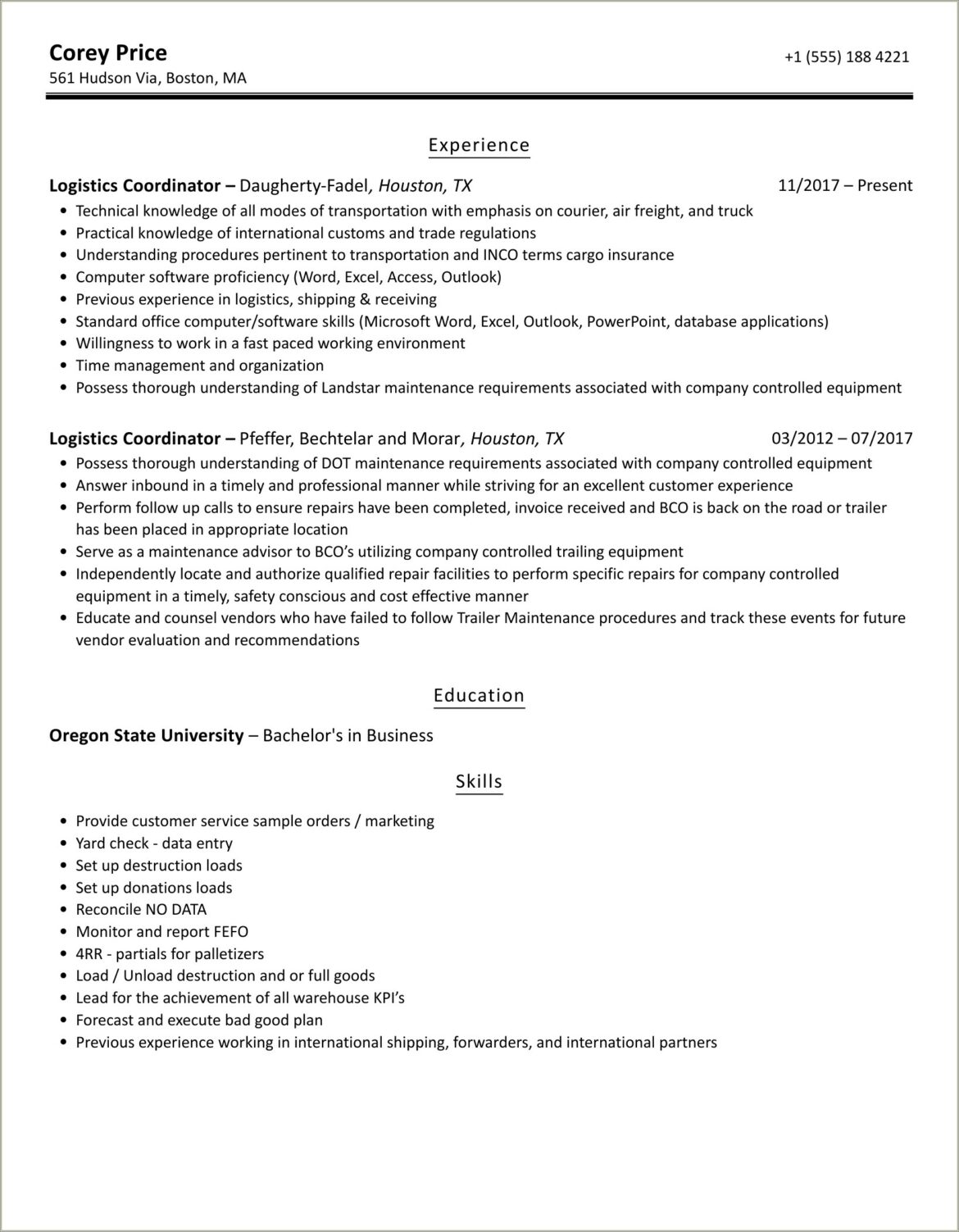 Logistics Coordinator Job Description For Resume