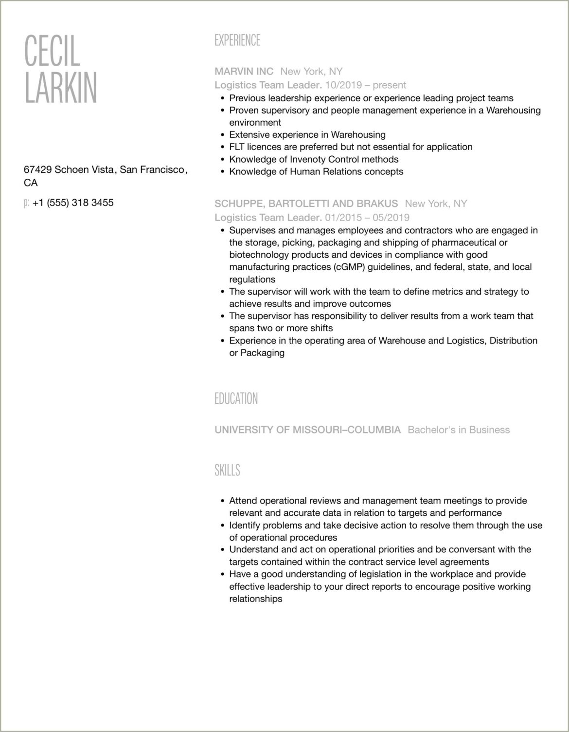 Logistics Team Lead Resume Sample Livecareer