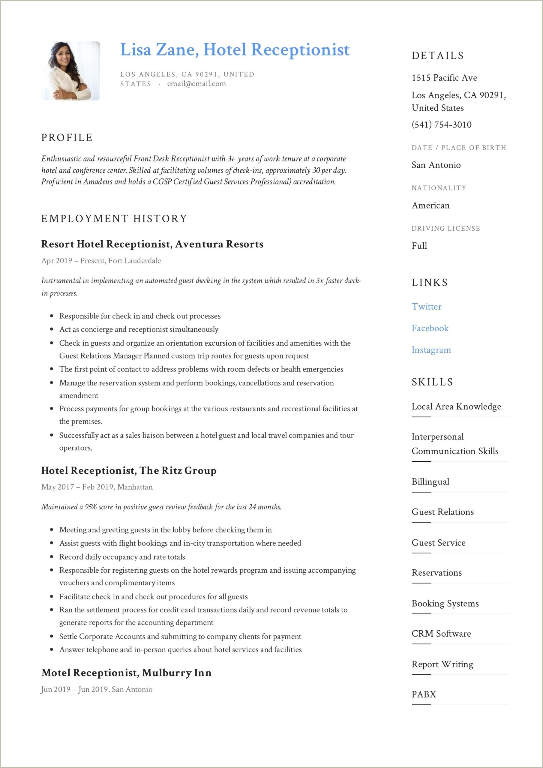 Looking For Receptionist Job With Restaurant Resume