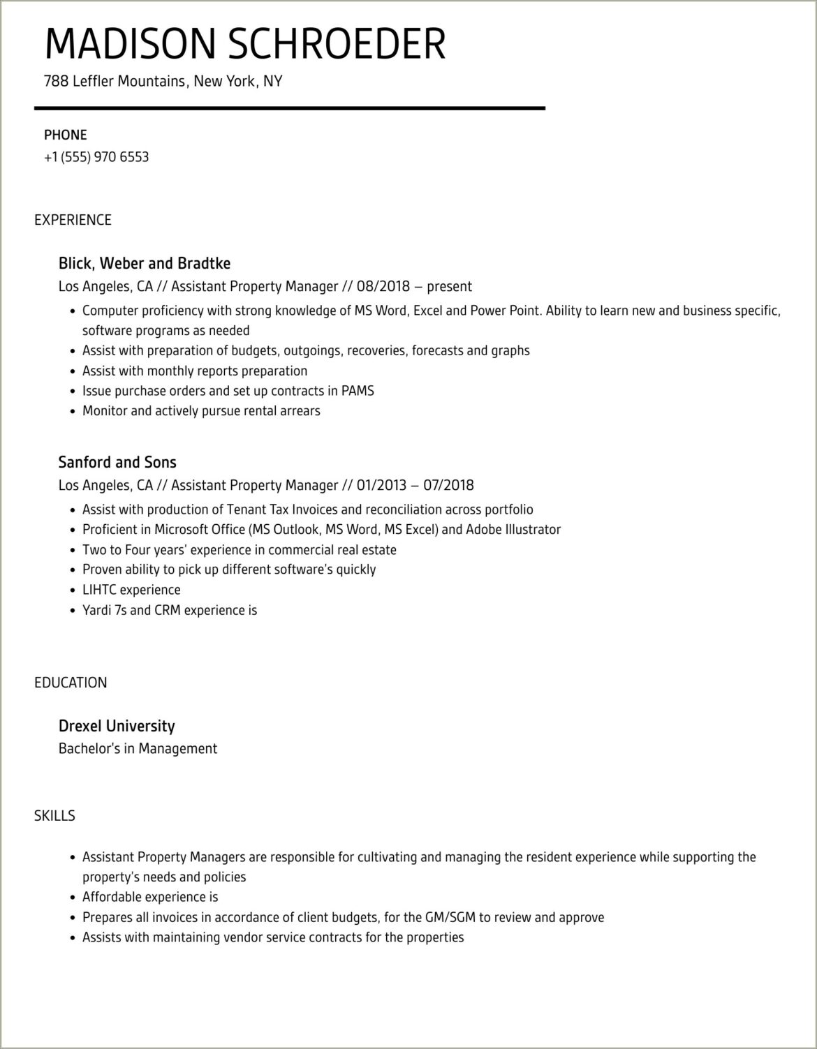 Low Income Property Manager Resume Description