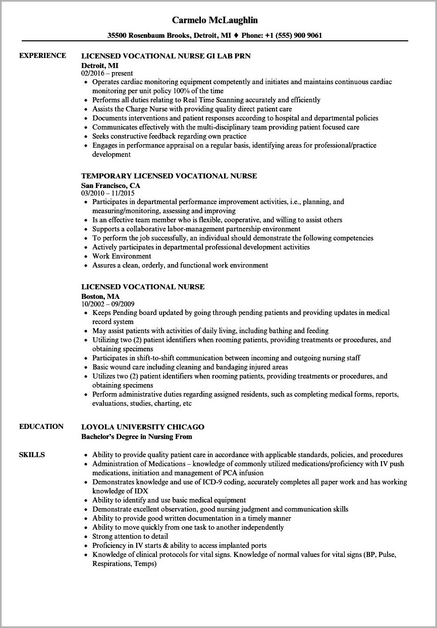 Lvn Charge Nurse Job Description For Resume