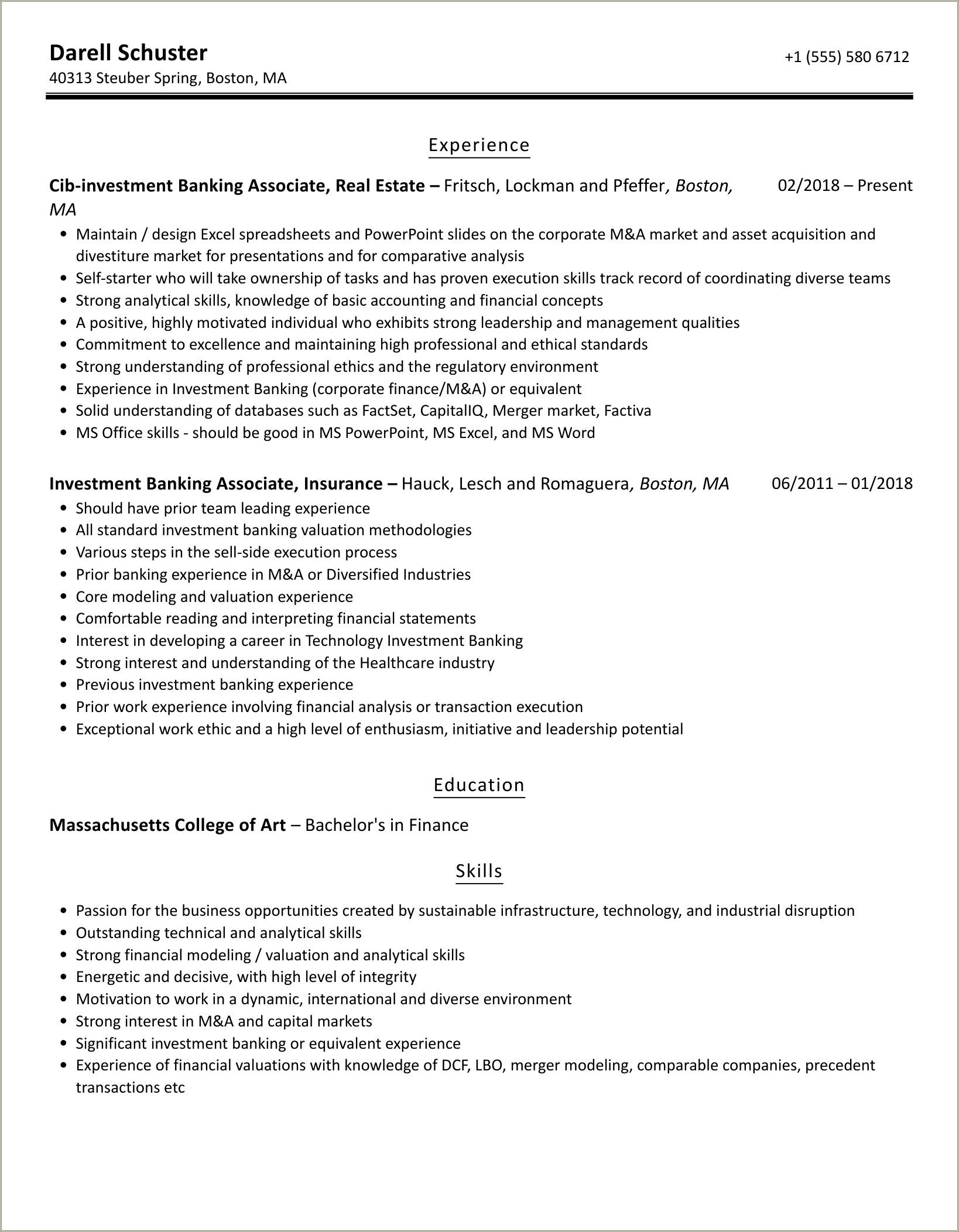 M And I Investment Banking Resume Template