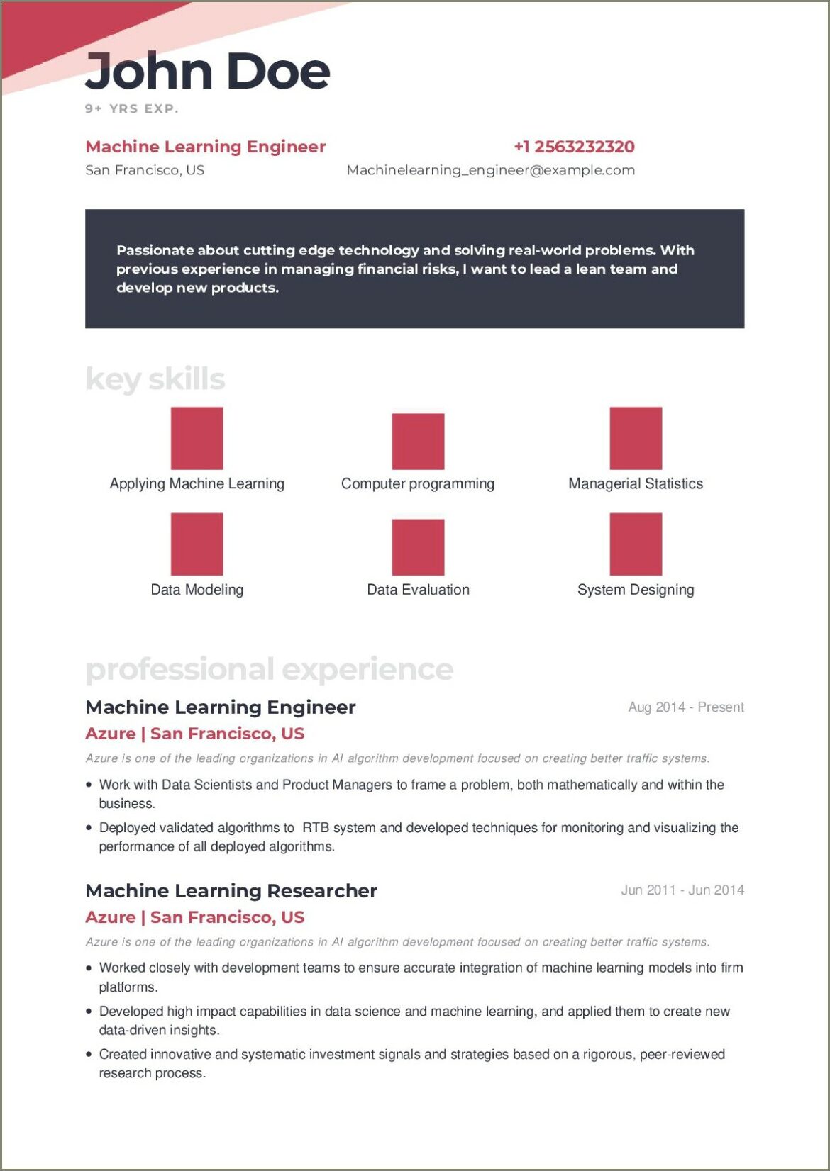 Machine Learning Engineer Resume Sample For Freshers