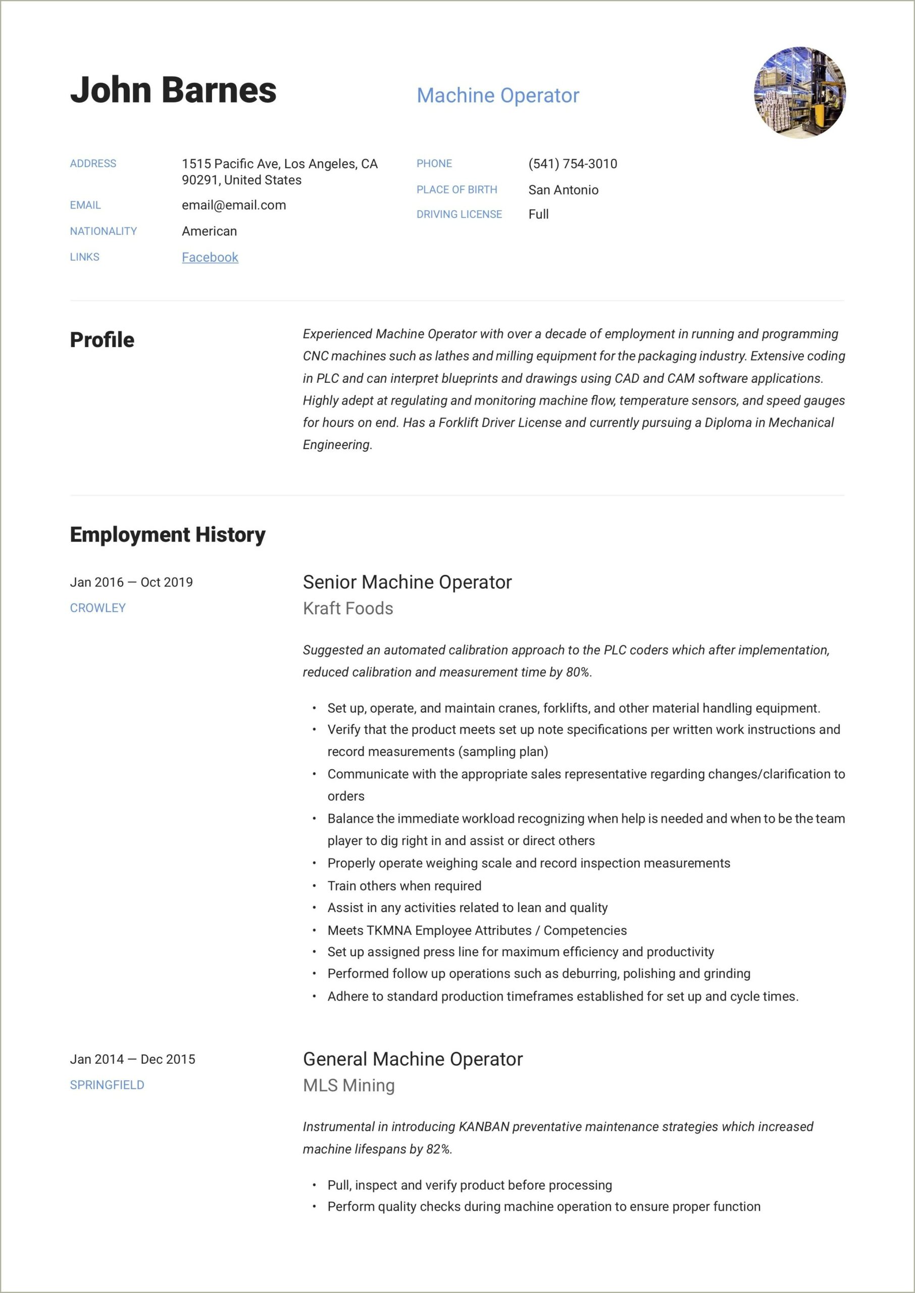 Machine Operator Bender Glass Windshield Resume Example