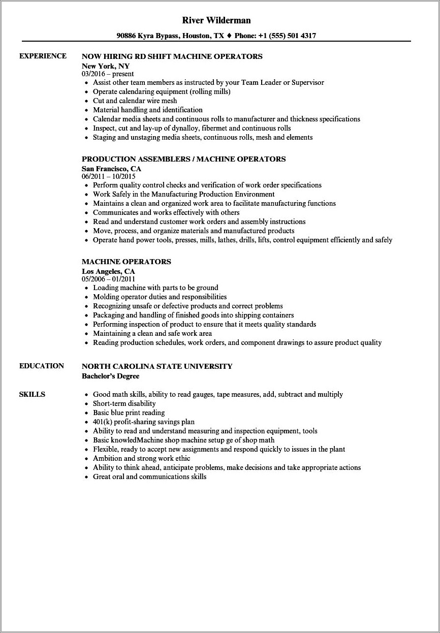 Machine Operator Job Description Sample Resume