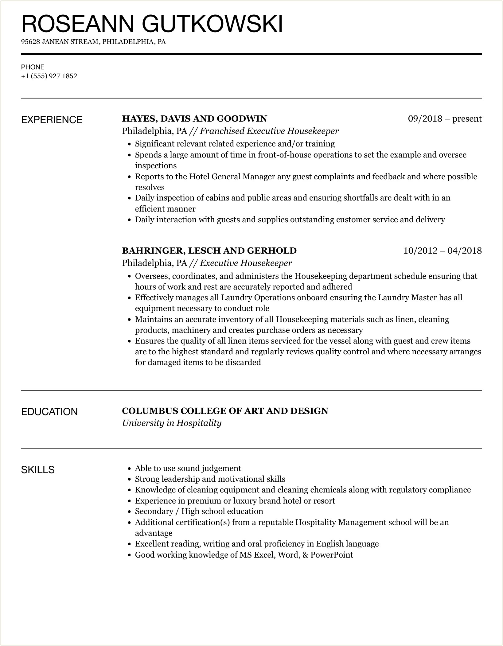 Maids Skills List Example For Resume