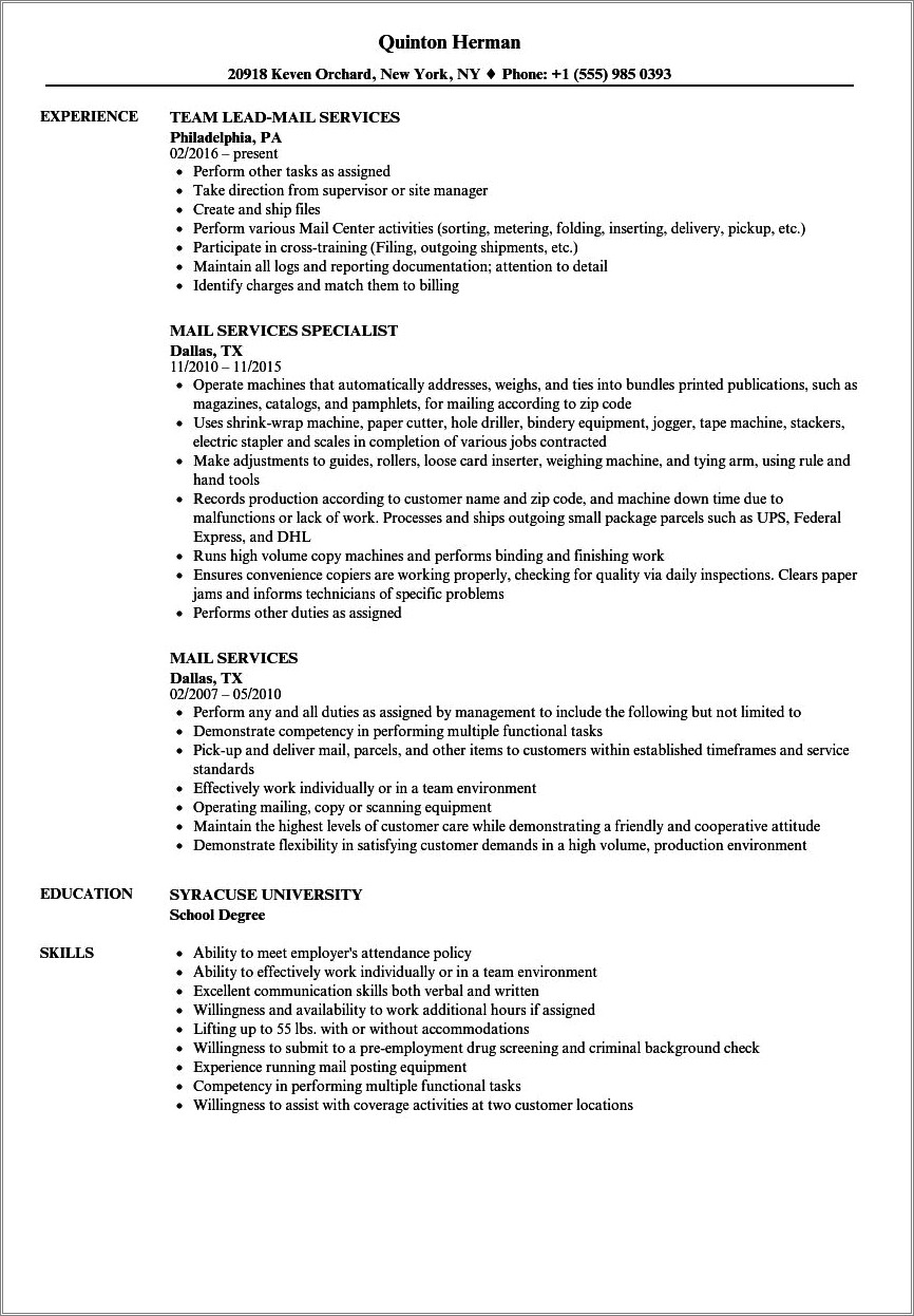 Mail Handler Job Description For Resume