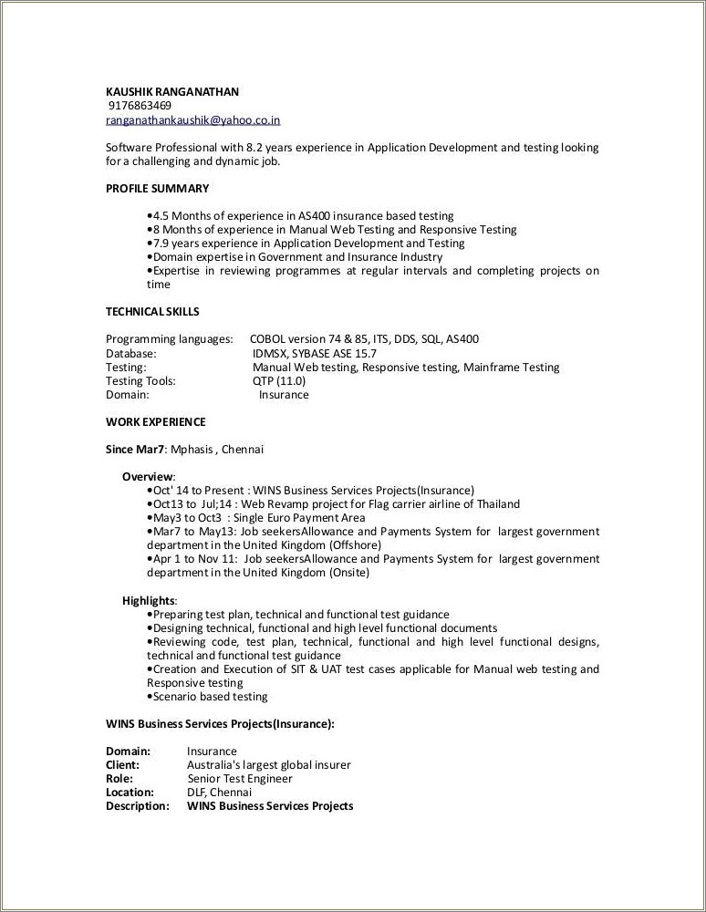 Mainframe Resume For 4 Years Experience