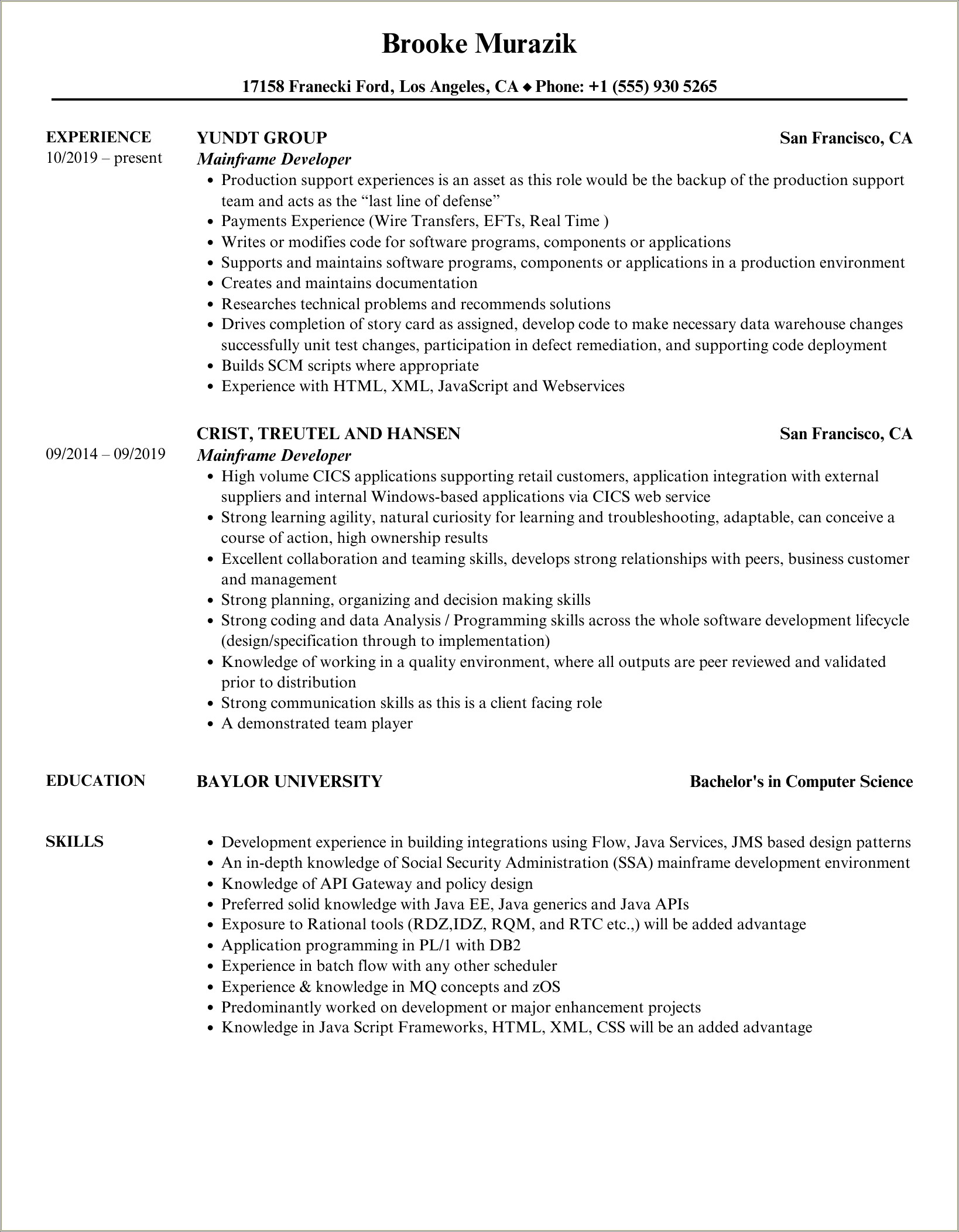 Mainframe Resume For 9 Years Experience