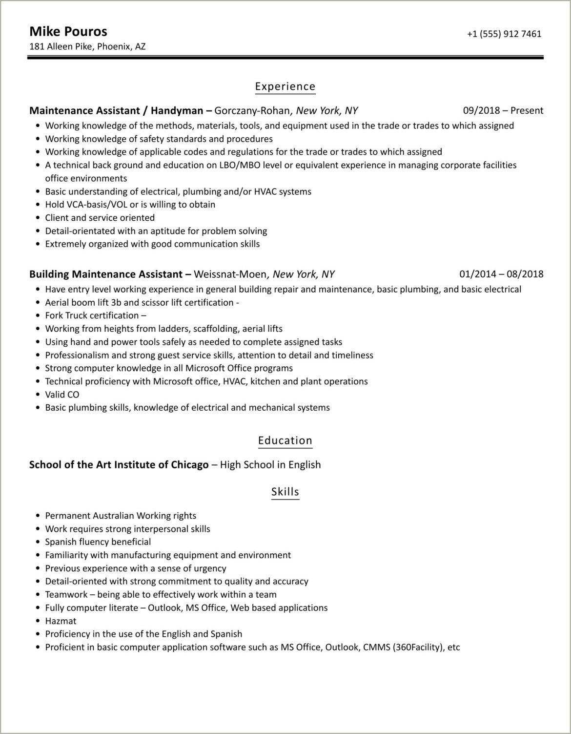 Maintenance Assistant Job Description For Resume