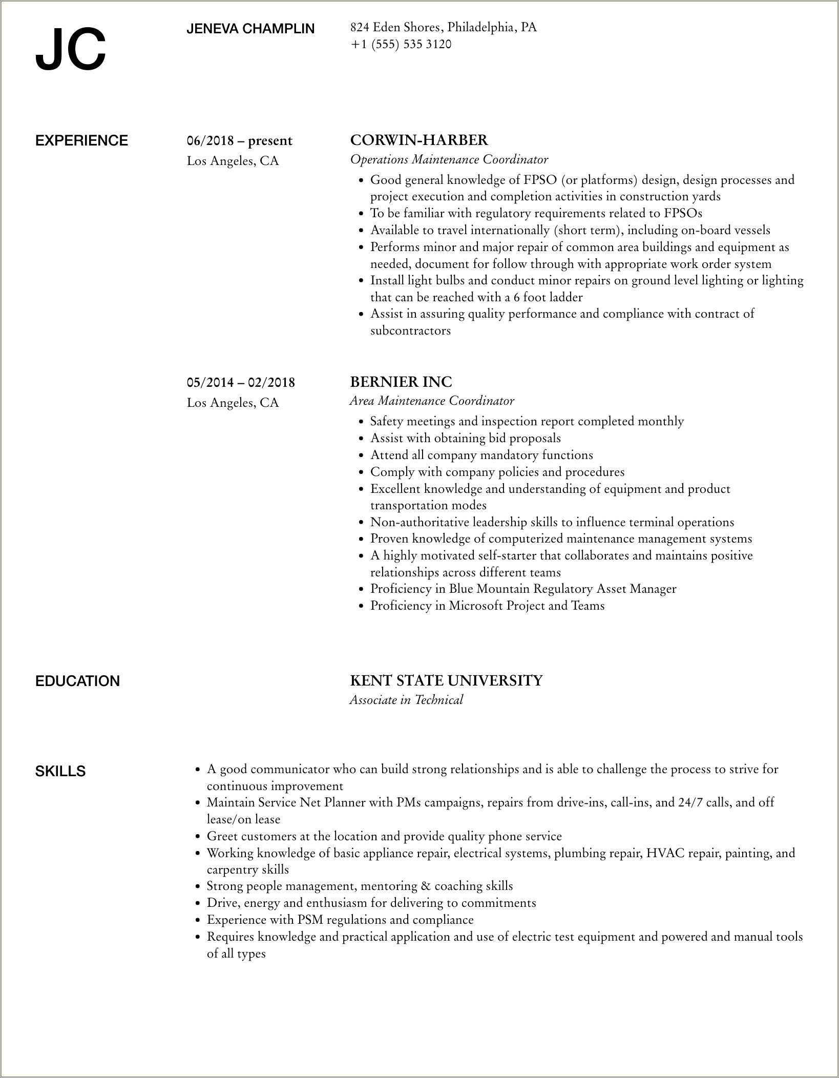 Maintenance Coordinator Job Description For Resume