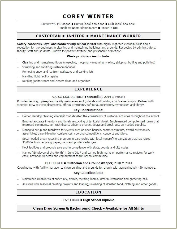 Maintenance Job Title Desription For Resume