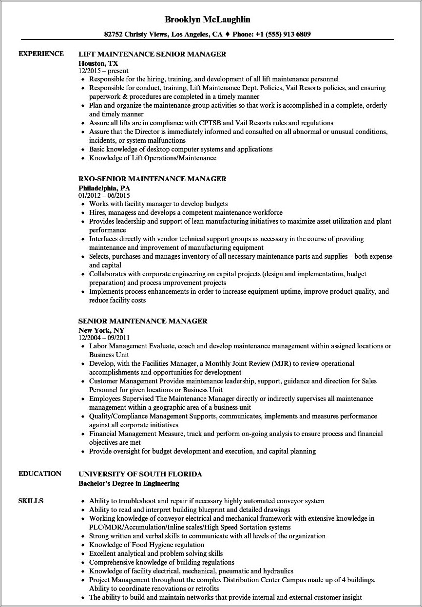 Maintenance Manager Job Description On Resume