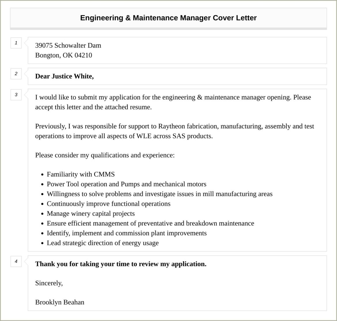 Maintenance Manager Resume Cover Letter Examples