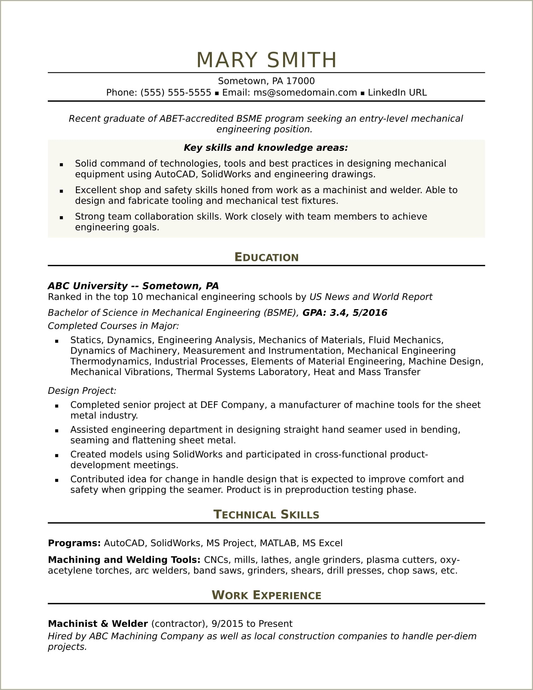 Maintenance Mechanic Entry Level Resume Samples