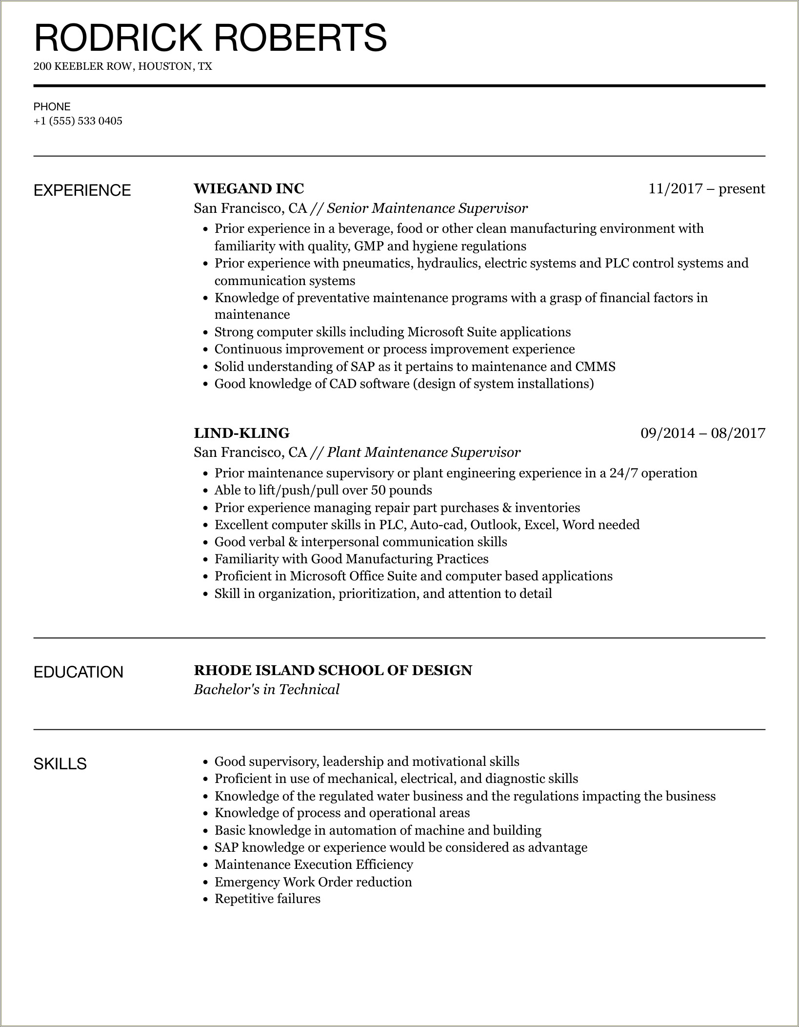 Maintenance Supervisor No Experience Resume Sample