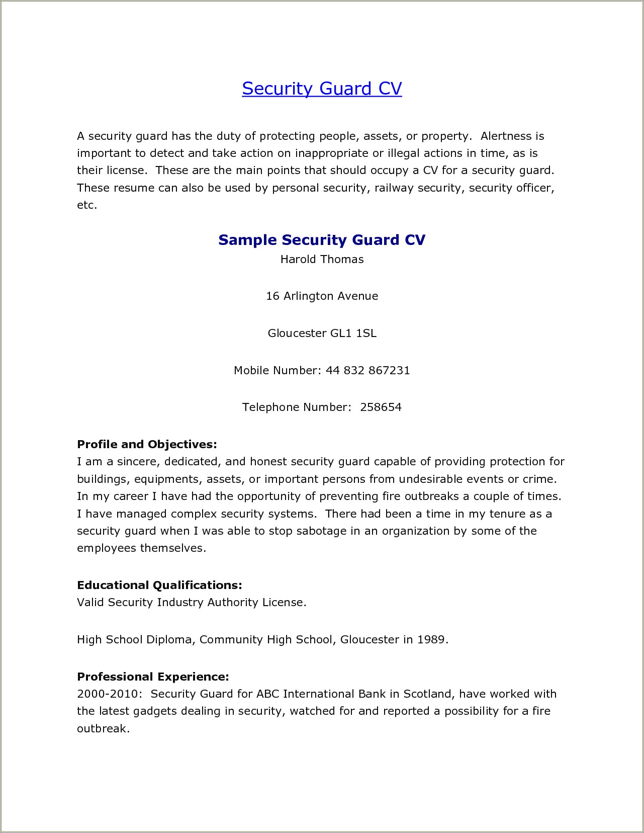 Make A Resume For Security Guard Job