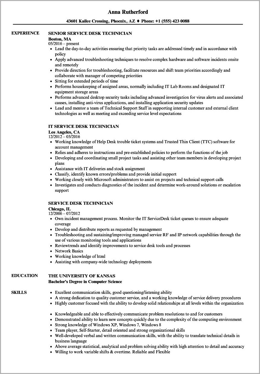 Managed Services Technician Job Description Resume