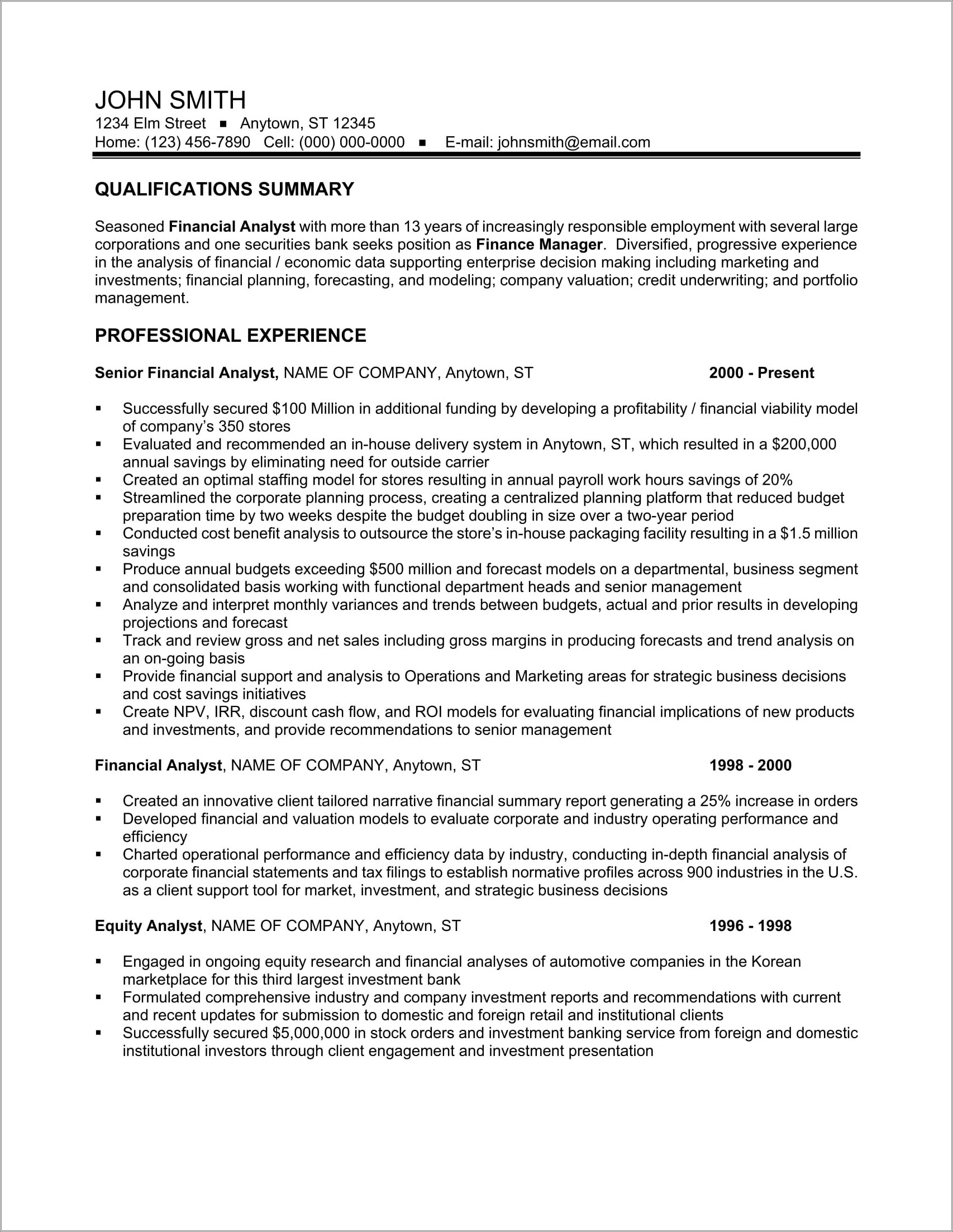 Manager Of Financial Planning And Analysis Resume