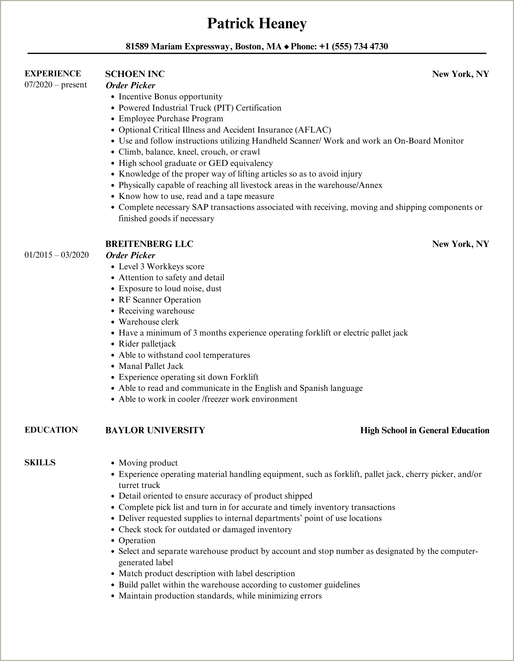 Manual Order Picker Job Description Resume