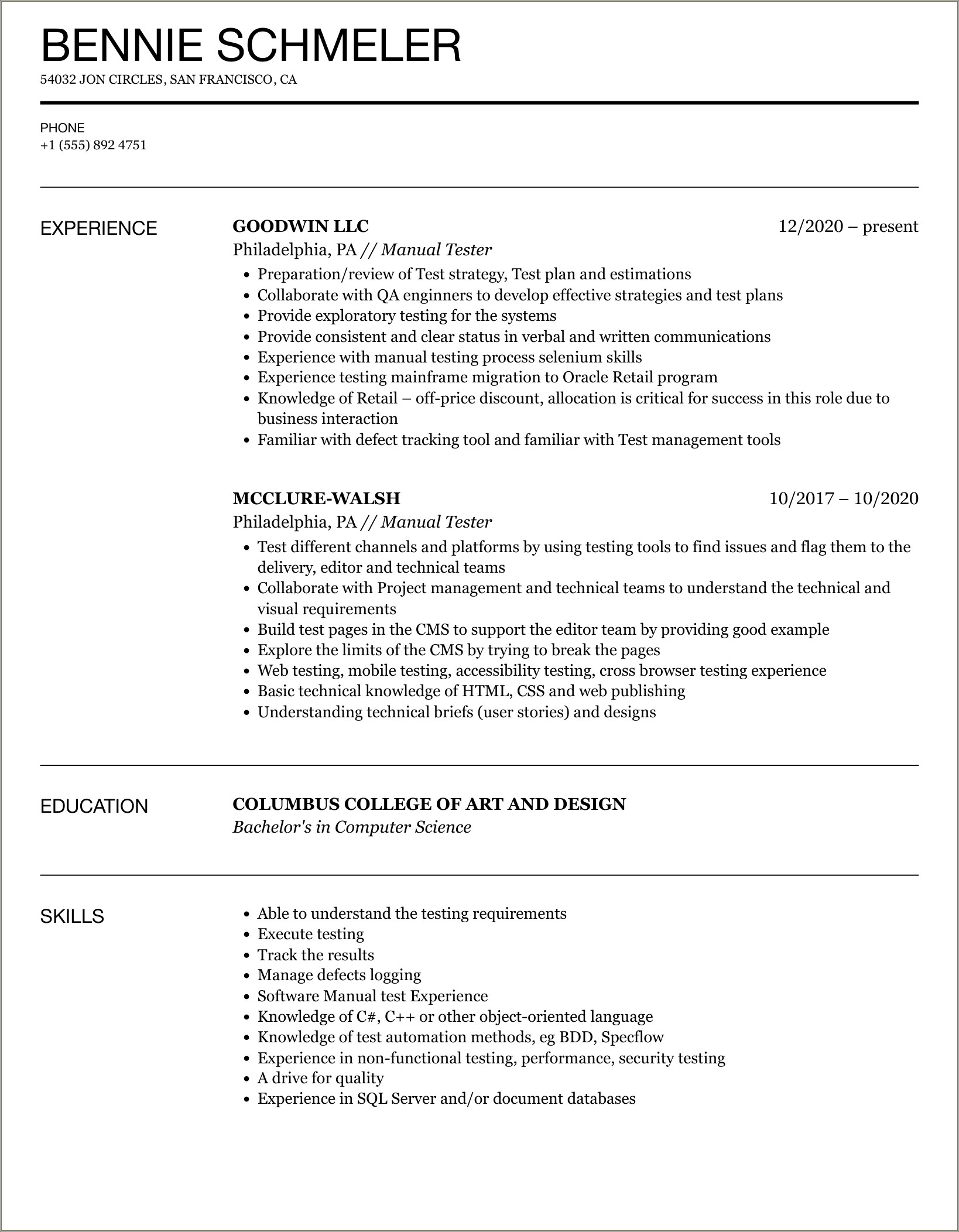 Manual Tester Resume 1 Years Experience