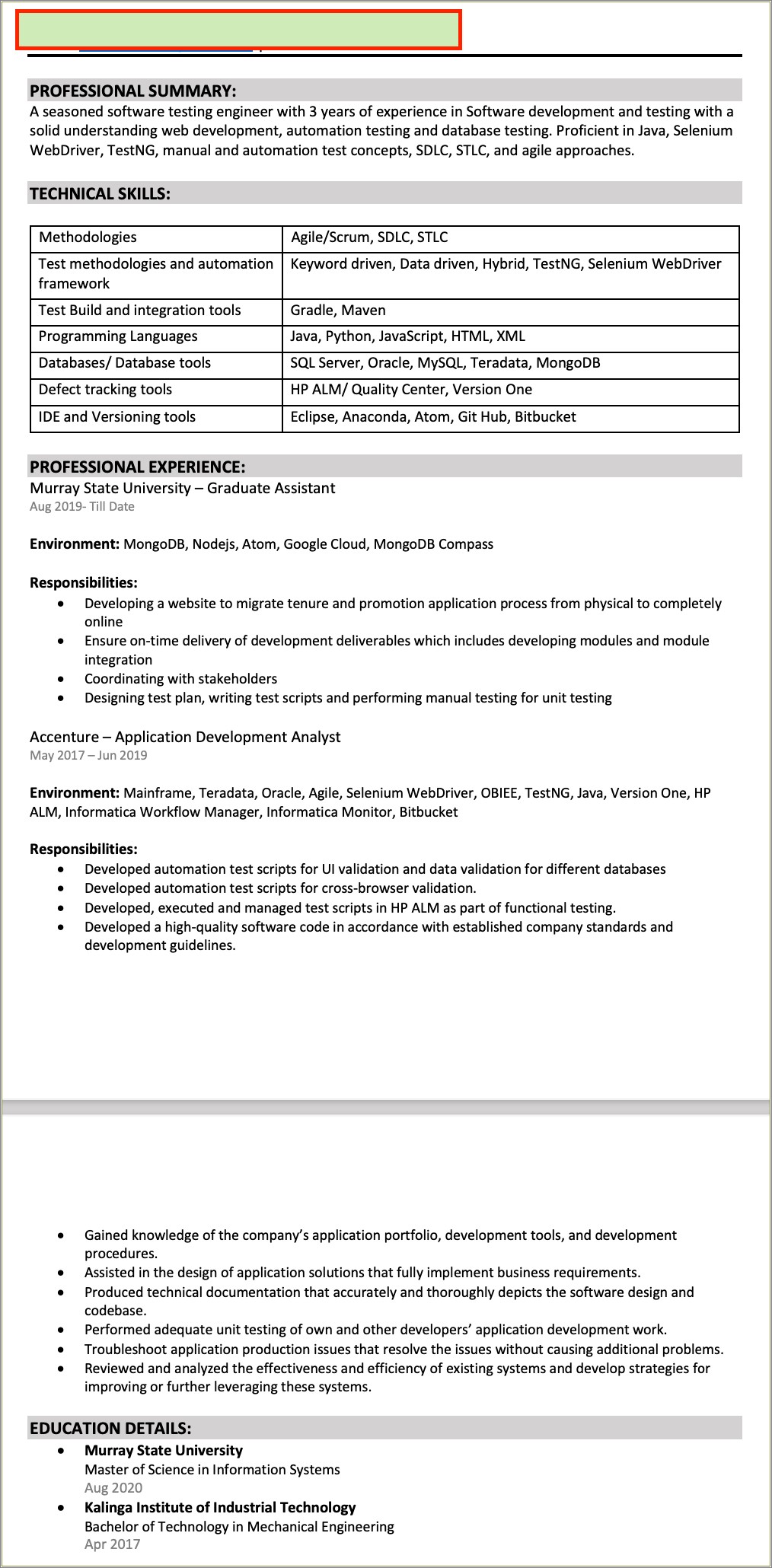 Manual Testing 3 Years Experience Resume