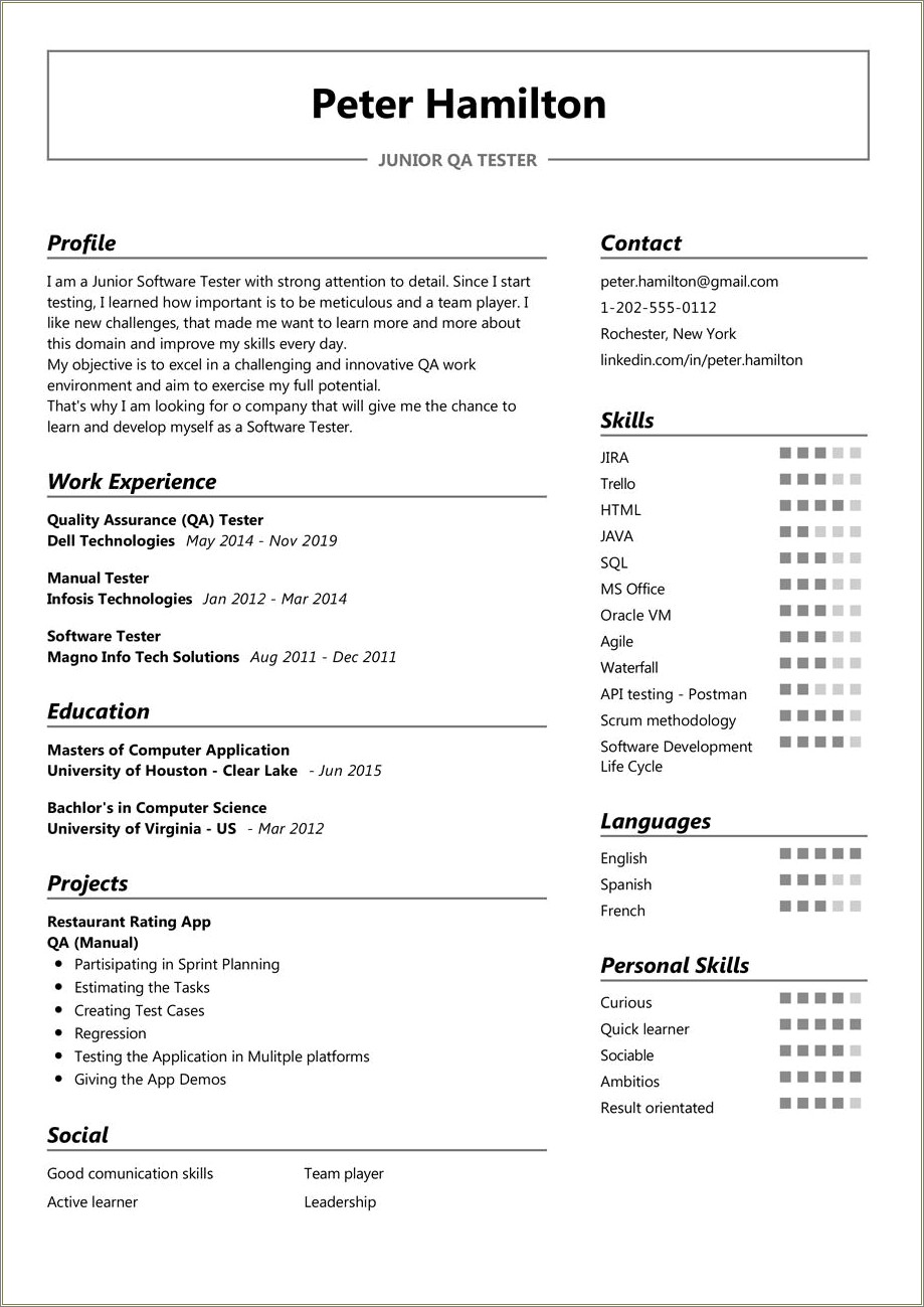 Manual Testing One Year Experience Resume