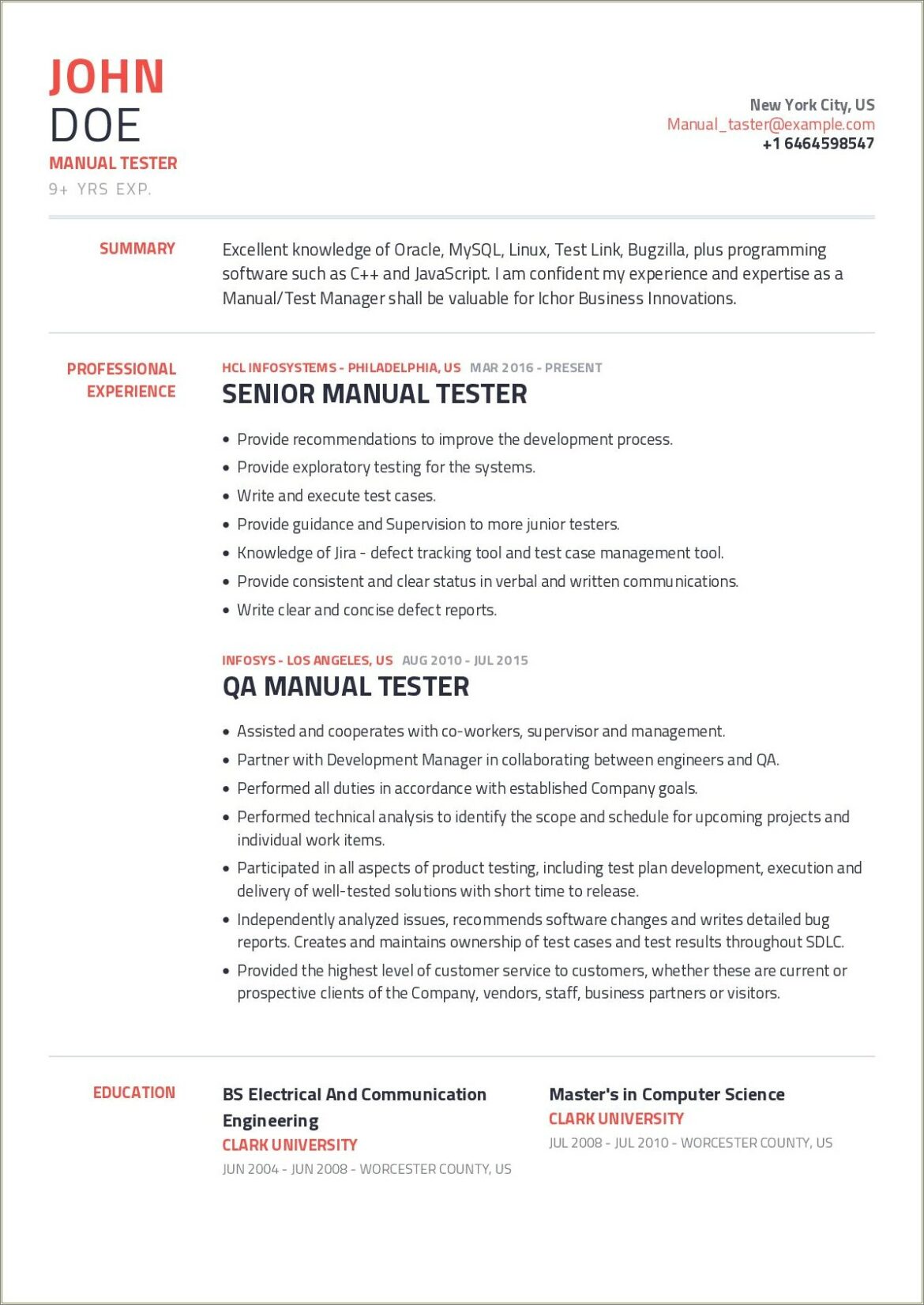 Manual Testing Qa Resume 7 Years Experience