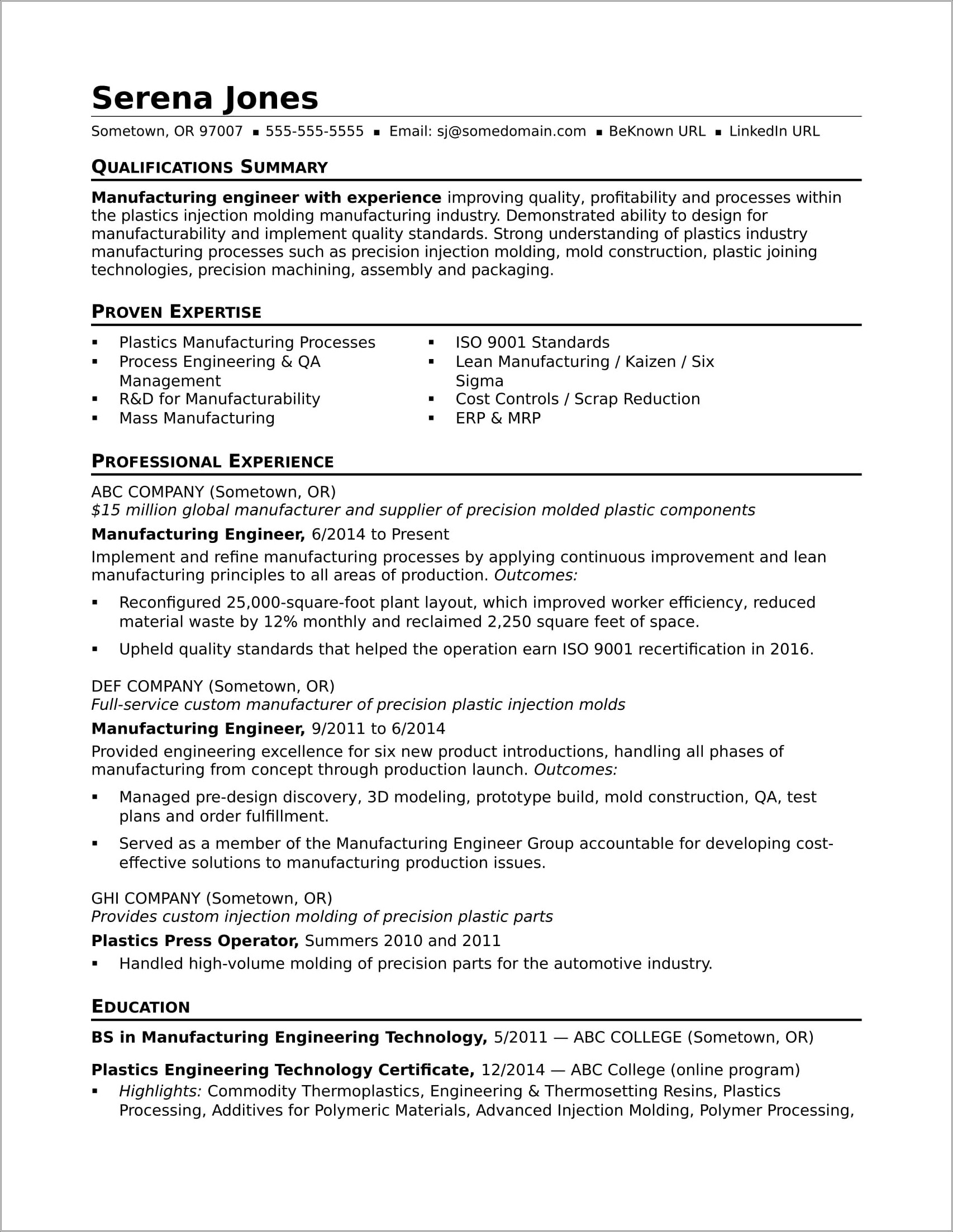 Manufacturing Engineer Mid Career Resume Sample