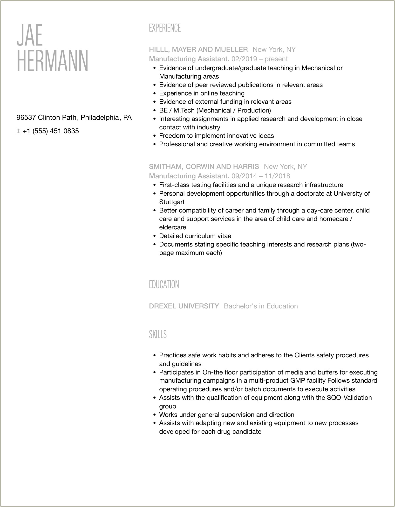 Manufacturing Production Assistant Job Description Resume