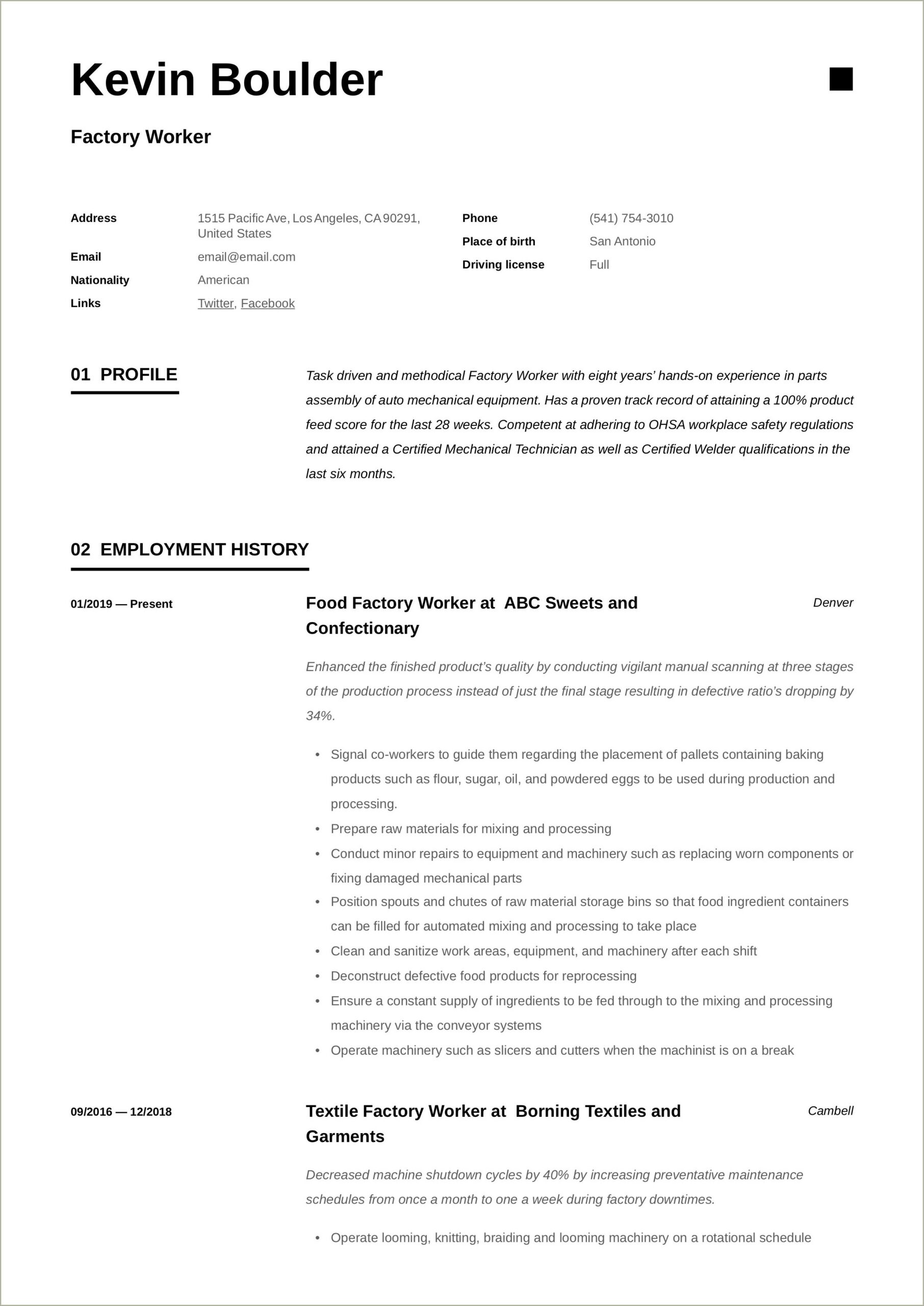 Manufacturing Production Worker Job Description For Resume