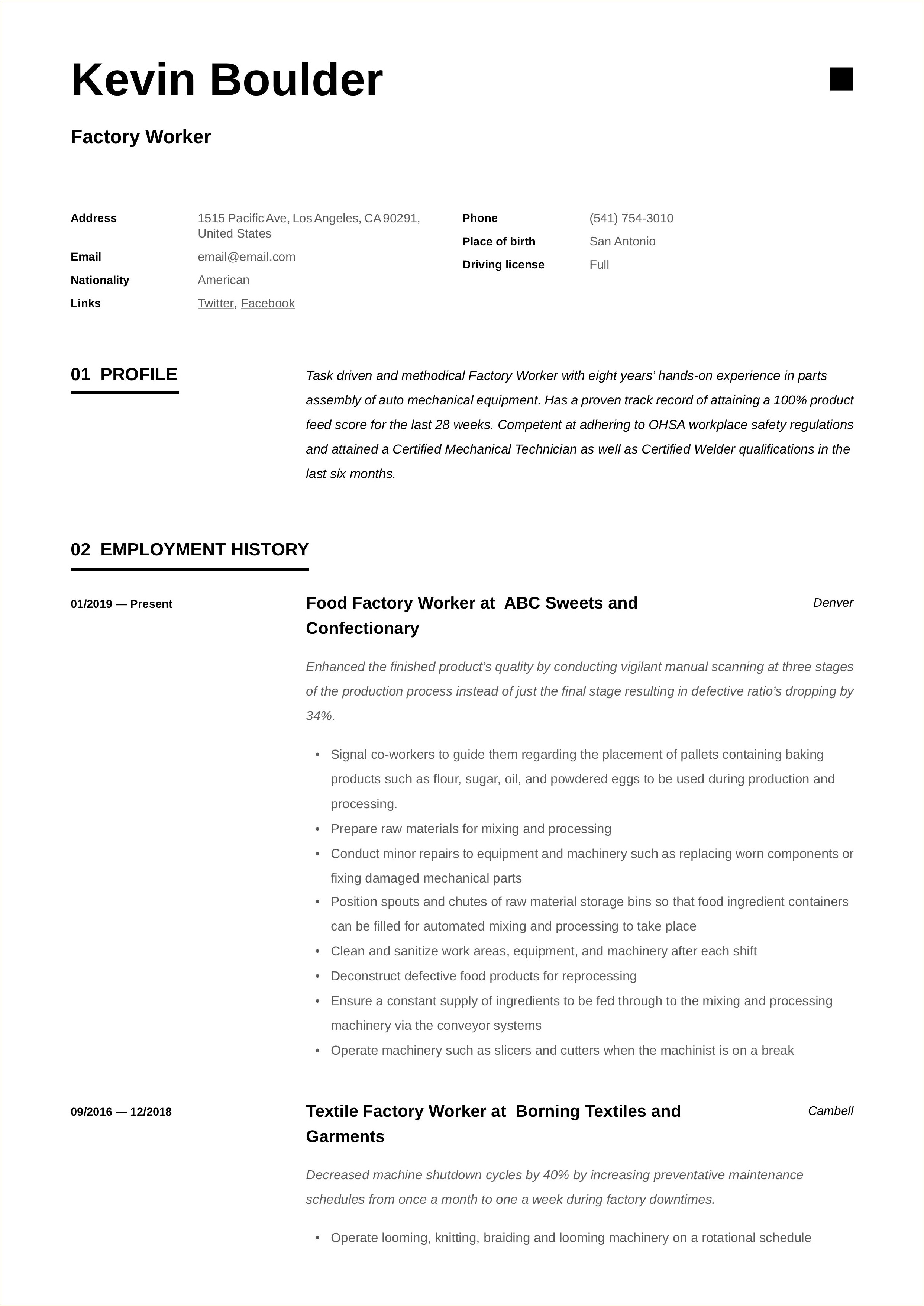 Manufacturing Production Worker Job Description For Resume