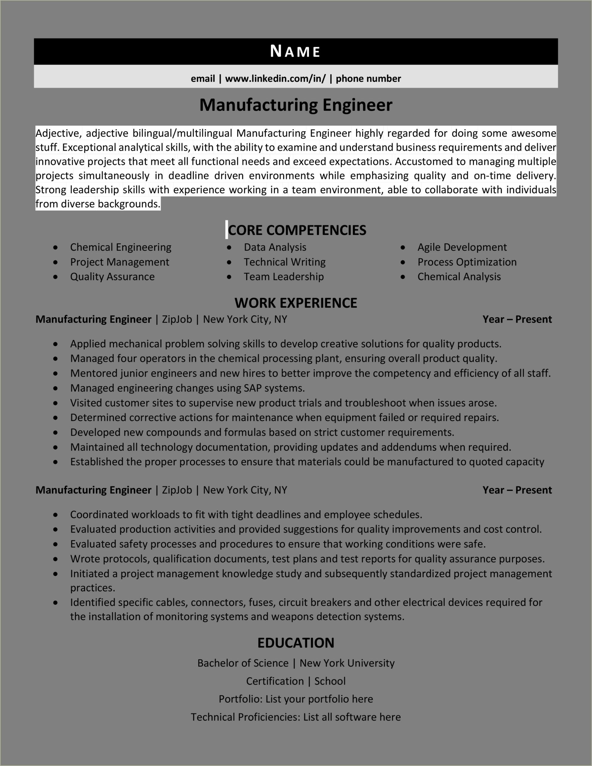 Manufacturing Quality Control Skills For Resume