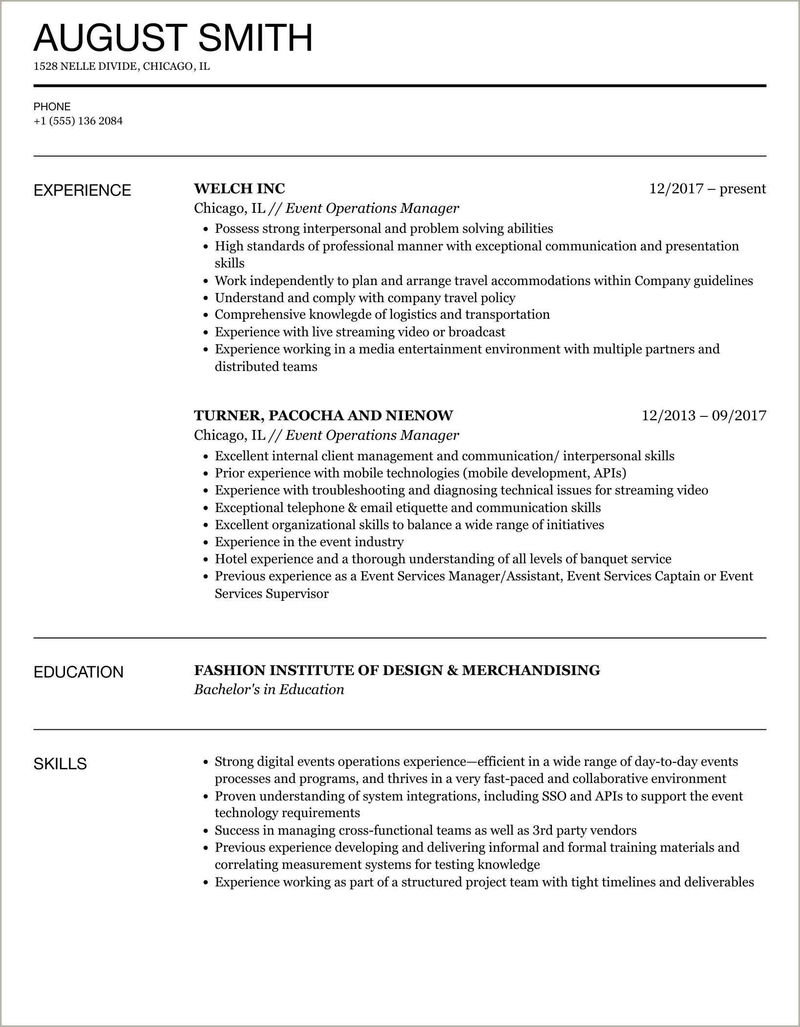 Marketing And Events Operations Management Resume Examples