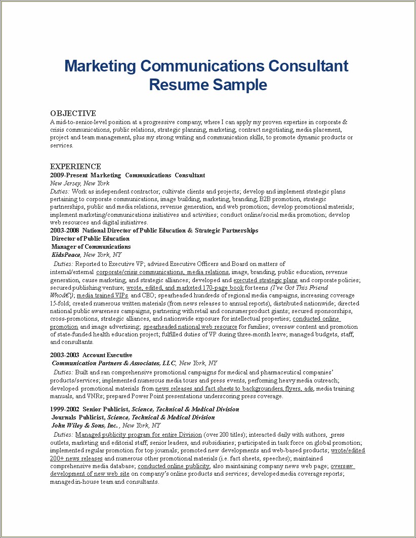 Marketing And Public Relations Resume Sample