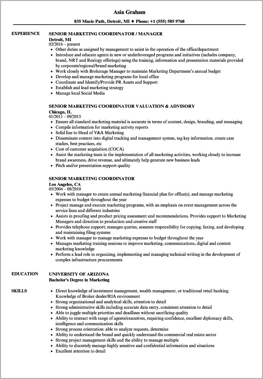 Marketing Coordinator Insurance Industry Resume Example