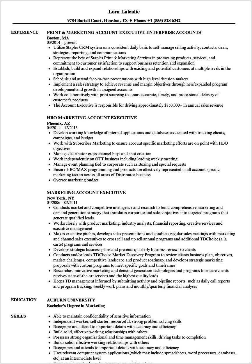 Marketing Executive Job Summary For Resume