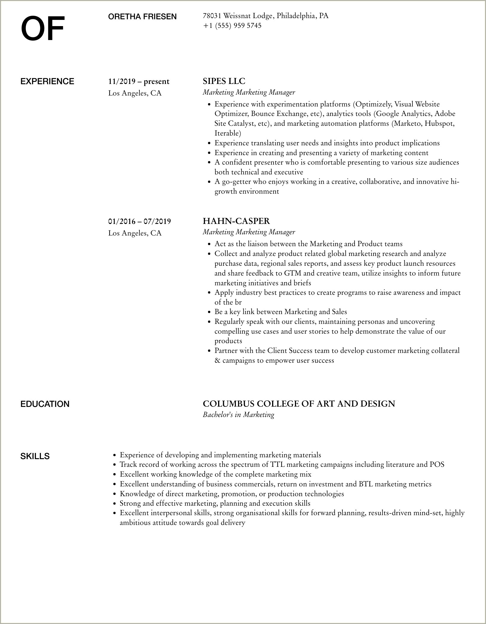 Marketing Manager H&r Block Resume