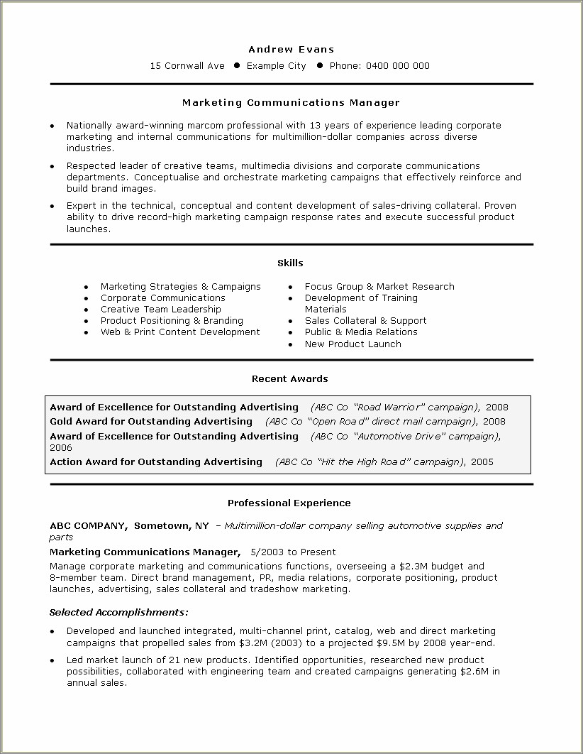 Marketing Manager Job Description In Resume