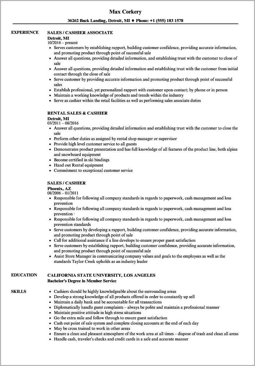 Marshalls Cashier Job Description For Resume